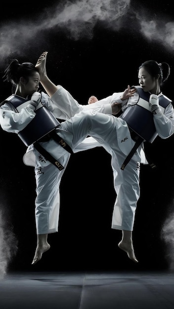 Fotografia em estúdio de duas atletas de taekwondo isoladas em fundo preto