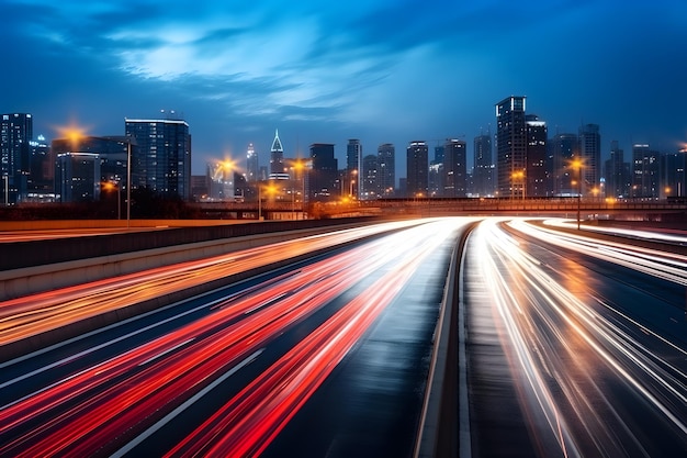Fotografia em lapso de tempo de luzes de veículos em movimento rápido na ponte à noite na cidade