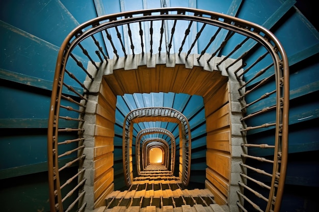 Fotografia em perspectiva de uma escada em espiral alta e estreita criada com AI gerativa