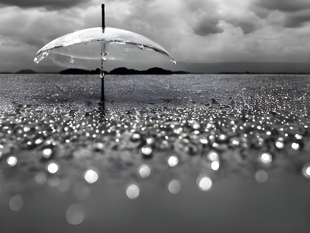 Fotografia em preto e branco de gotas de água que lembram a forma de um guarda-chuva_ai_generated