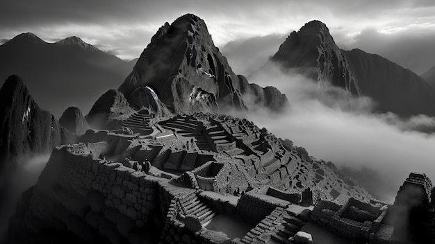 Foto fotografia em preto e branco de machu picchu durante um amanhecer sereno