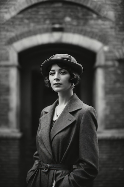 Fotografia em preto e branco de uma pessoa vestida na moda dos anos 20 Gerada por IA