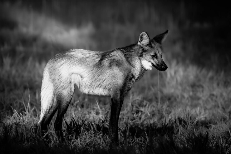 Foto fotografia em preto e branco do raro lobo-manhoto brasileiro especial para arte