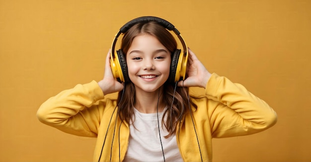 Foto fotografía de una encantadora joven escuchando música a través de auriculares aislados en un alegre