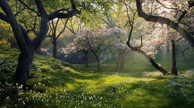 Foto fotografía encantadora de un parque verde lleno de árboles en flor y follaje verde que inspira un sentido de asombro y aprecio por la naturaleza