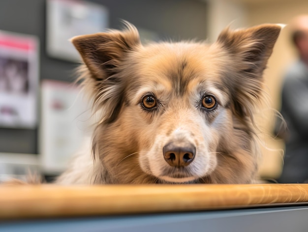 Fotografía encantadora de un perro anciano en la oficina de un veterinario de pelaje marrón suave con toques de gris