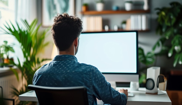 Fotografía por encima del hombro de un joven usando una computadora frente a una pantalla blanca en blanco en casa