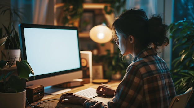 Fotografía por encima del hombro de una mujer joven usando una computadora frente a una pantalla blanca en blanco en casa