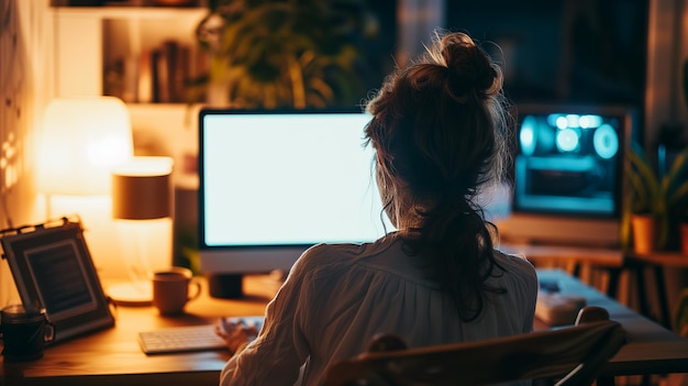 Fotografía por encima del hombro de una mujer joven usando una computadora frente a una pantalla blanca en blanco en casa