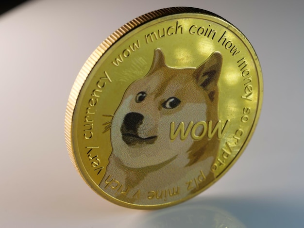 Fotografía de enfoque selectivo de dogecoin dorado en un fondo blanco