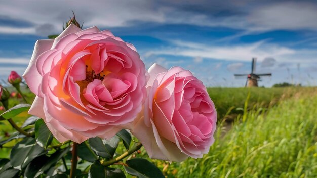 Foto fotografía de enfoque selectivo de dos cabezas de rosas gálicas rosadas en la naturaleza en twente, países bajos