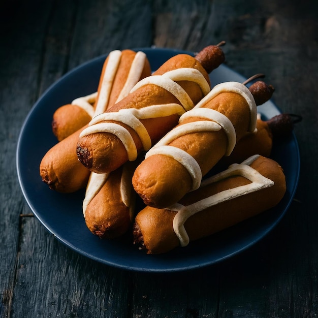 Fotografía de enfoque selectivo vertical de corndogs en un plato con un fondo oscuro