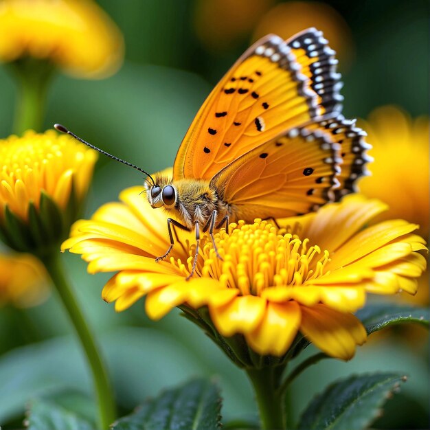 Foto fotografía de enfoque superficial de una mariposa en una flor amarilla generada por ia