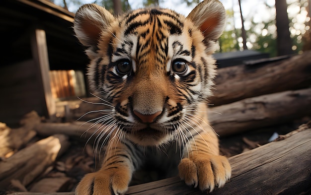 Fotografia engraçada de selfie de tigre bebê de perto