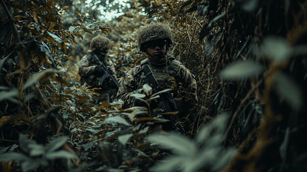 Fotografía de un equipo de reconocimiento militar realizando una patrulla furtiva en un denso bosque