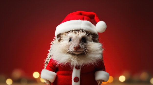 una fotografía de un erizo con traje y sombrero de Papá Noel para la celebración navideña