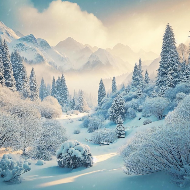 Fotografía de escenas de nieve al estilo de dibujos animados con paisaje de invierno en un parque infantil caprichoso