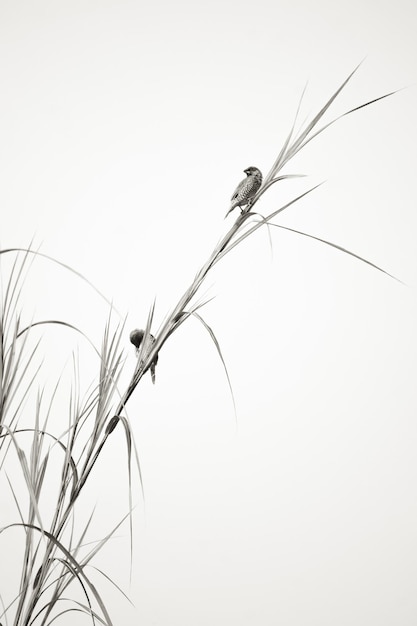 Una fotografía estética minimalista en blanco y negro de pájaros posados en la hierba.