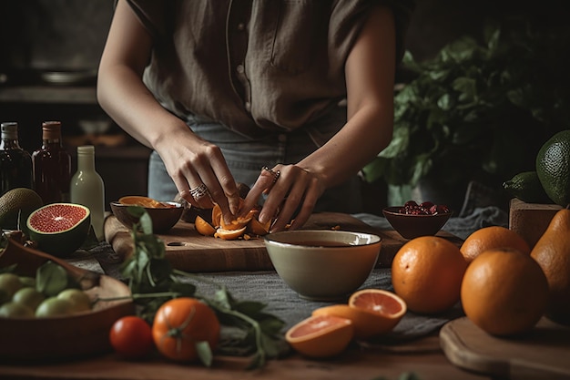 Fotografía de estilo de vida que muestra hábitos alimentarios saludables, como cocinar con ingredientes frescos.