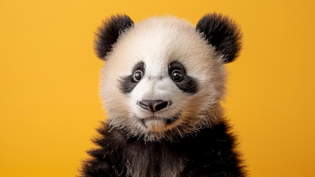 Fotografía de estudio de un adorable bebé panda sentado sobre un fondo amarillo