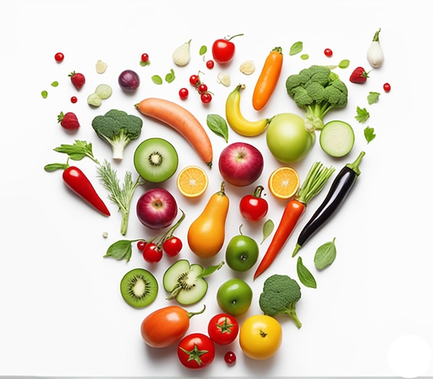 Fotografía de estudio de diferentes frutas y verduras sobre un fondo blanco