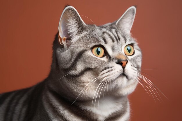 Fotografía de estudio de un gato americano de pelo corto en fondos de colores