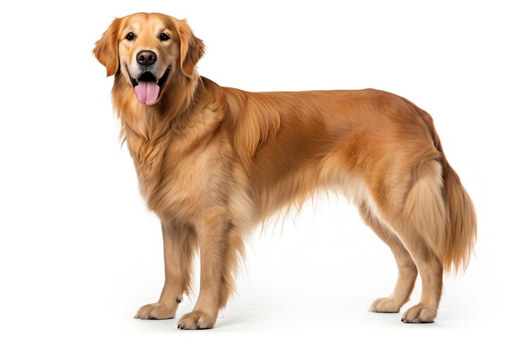 Una fotografía de estudio de un Golden Retriever de pie sobre un fondo blanco sin costuras