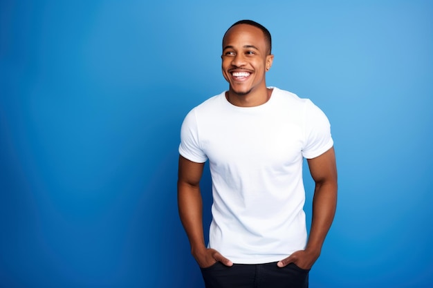 Fotografía de estudio de un hombre afroamericano con una camiseta blanca contra un fondo azul