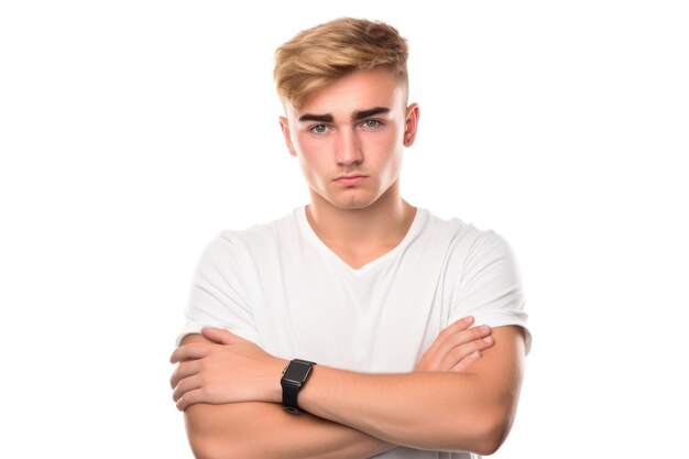 Fotografía de estudio de un joven con los brazos cruzados aislado en blanco