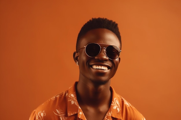 Fotografía de estudio de un joven y guapo hombre africano con gafas de sol que lleva ropa elegante y casual contra un fondo naranja.