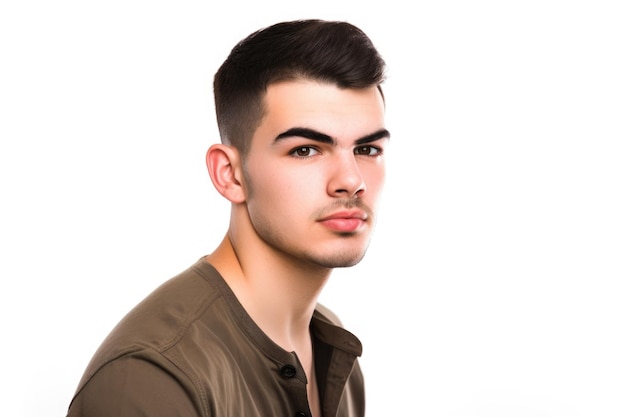 Fotografía de estudio de un joven posando con ropa casual contra un fondo blanco