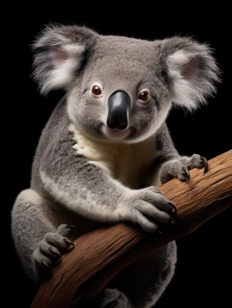 Foto fotografía de estudio de koala aislada en un fondo negro claro ia generativa