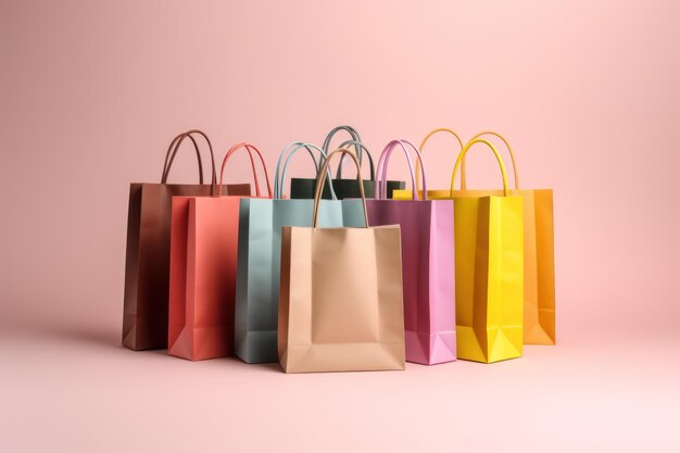 Fotografía de estudio de muchas bolsas de compras de colores en un fondo pastel IA generativa