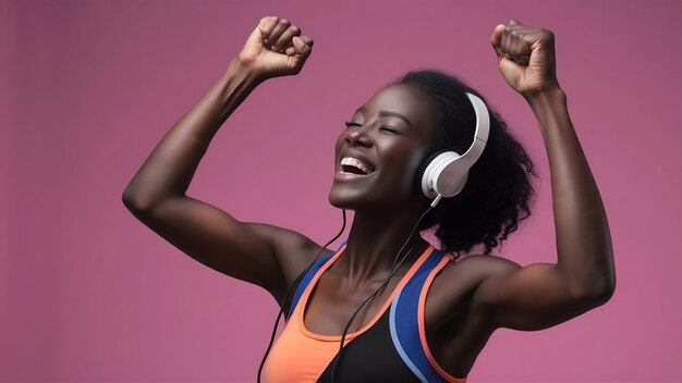 Foto fotografía de estudio de una mujer alegre de piel oscura levanta los brazos y cierra los puños celebra algo con t