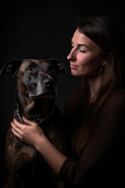 Fotografía de estudio de una mujer y su perro contra un fondo oscuro