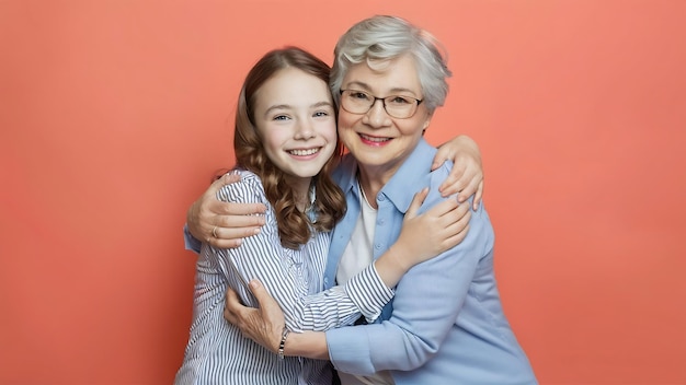 Fotografía de estudio de la nieta alegre y la abuela abrazándose juntos.