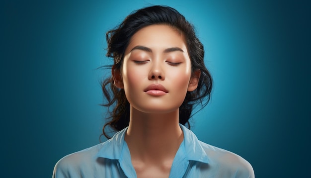 Foto fotografía de estudio en primer plano con fondo azul liso de una joven asiática meditando y con ella