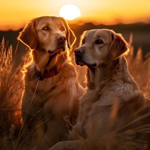 Una fotografía exquisitamente detallada de un labrador y un golden retriever disfrutando de la guerra.