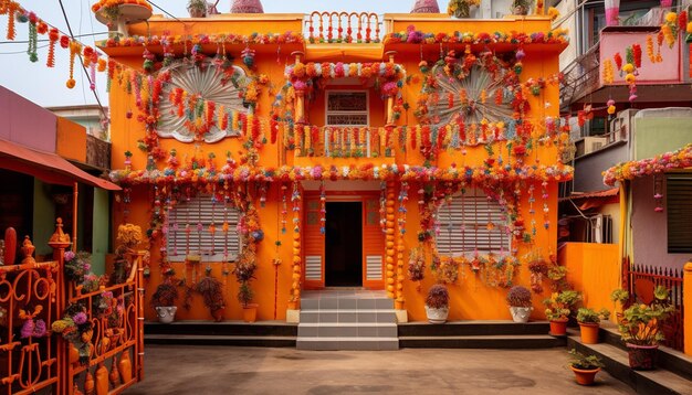 Fotografía los exteriores de las casas decoradas para Gudi Padwa capturando la belleza arquitectónica