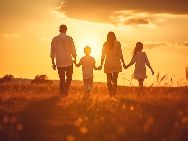 Fotografía de la familia feliz caminando por el prado al atardecer naranja