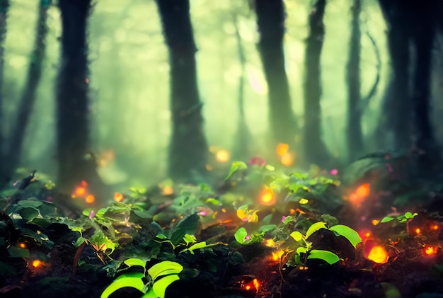 Fotografia Fechar Floresta mágica com plantas vibrantes e brilhantes