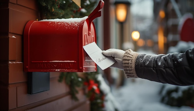 Foto fotografía de feliz navidad año nuevo caja de correos roja recibiendo y enviando regalos de año nuevo