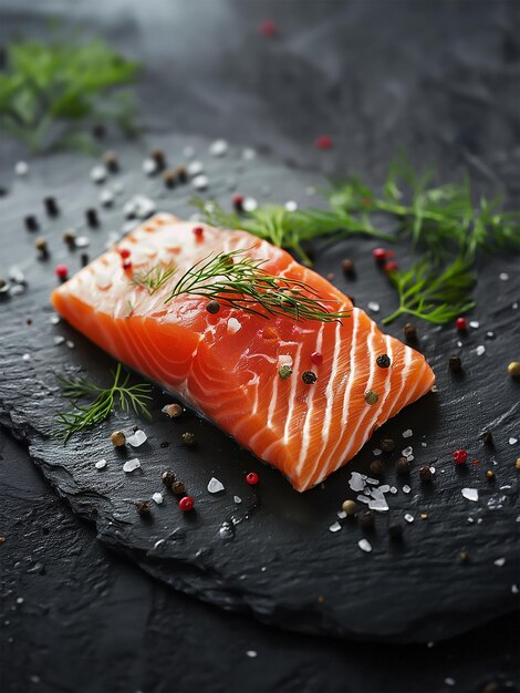 fotografía de un filete de salmón crudo en una pizarra oscura