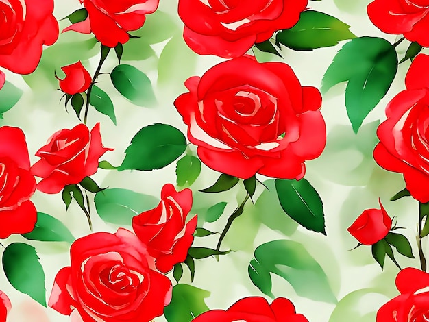 Fotografía de flores de rosa roja acuarela patrón sin costuras con hojas verdes