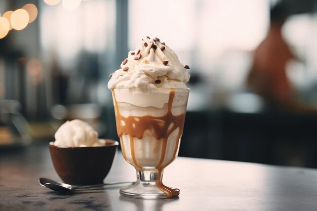 Fotografía fotorrealista DSLR de helado Affogato con fondo Cafe Bokeh Ai generativo