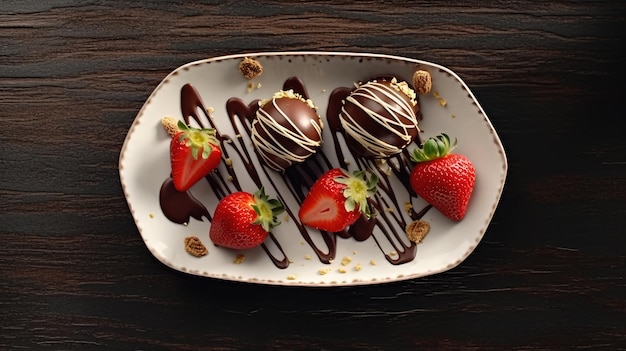 fotografía de fresas cubiertas de chocolate sumergidas en chocolate oscuro derretido