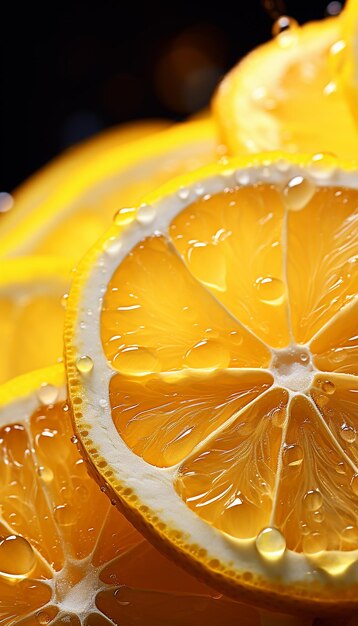 Una fotografía de frutas de limón frescas con salpicaduras de agua cinematográficas