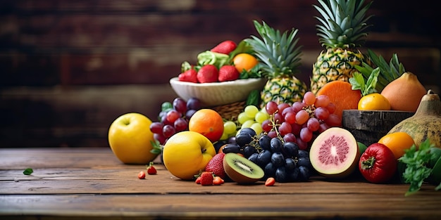 Fotografía de frutas en una mesa de madera para comprar en un supermercado