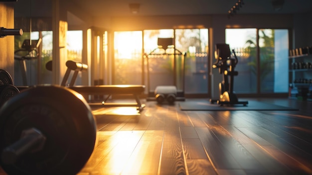Fotografía fuera de enfoque de un gimnasio casero moderno con equipos de última generación e iluminación brillante