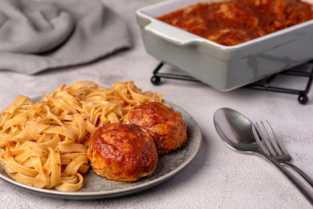 Fotografía gastronómica de albóndigas y tagliatelle